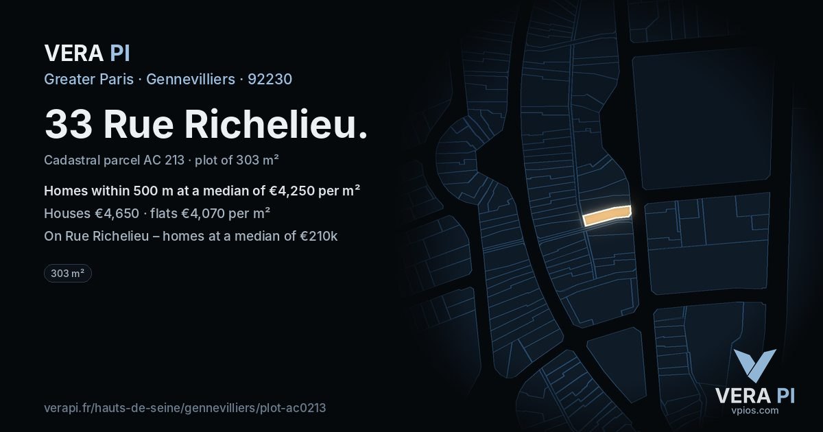 33 Rue Richelieu, Gennevilliers at night – the plot lit, the parcels around coloured by the prices near them