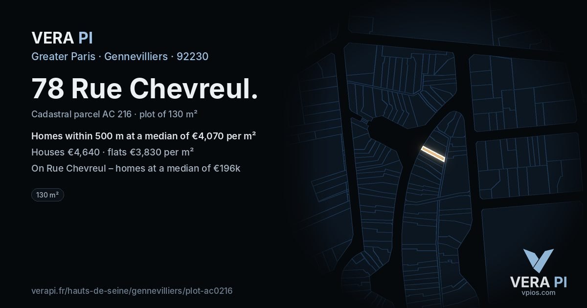 78 Rue Chevreul, Gennevilliers at night – the plot lit, the parcels around coloured by the prices near them
