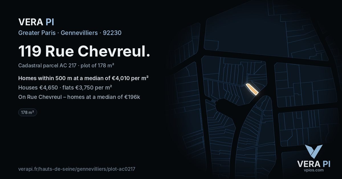 119 Rue Chevreul, Gennevilliers at night – the plot lit, the parcels around coloured by the prices near them