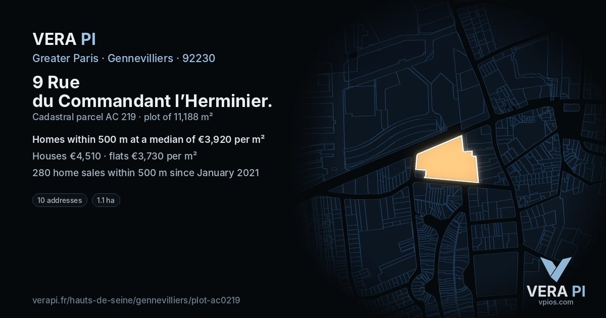 9 Rue du Commandant l’Herminier, Gennevilliers at night – the plot lit, the parcels around coloured by the prices near them