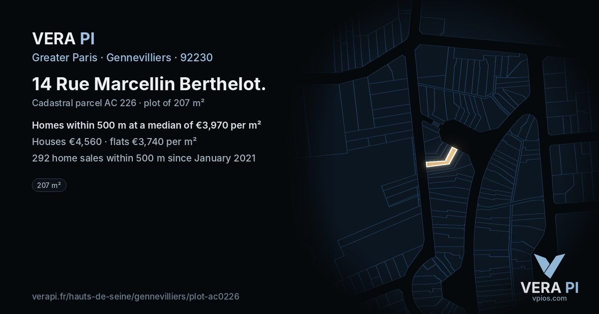 14 Rue Marcellin Berthelot, Gennevilliers at night – the plot lit, the parcels around coloured by the prices near them