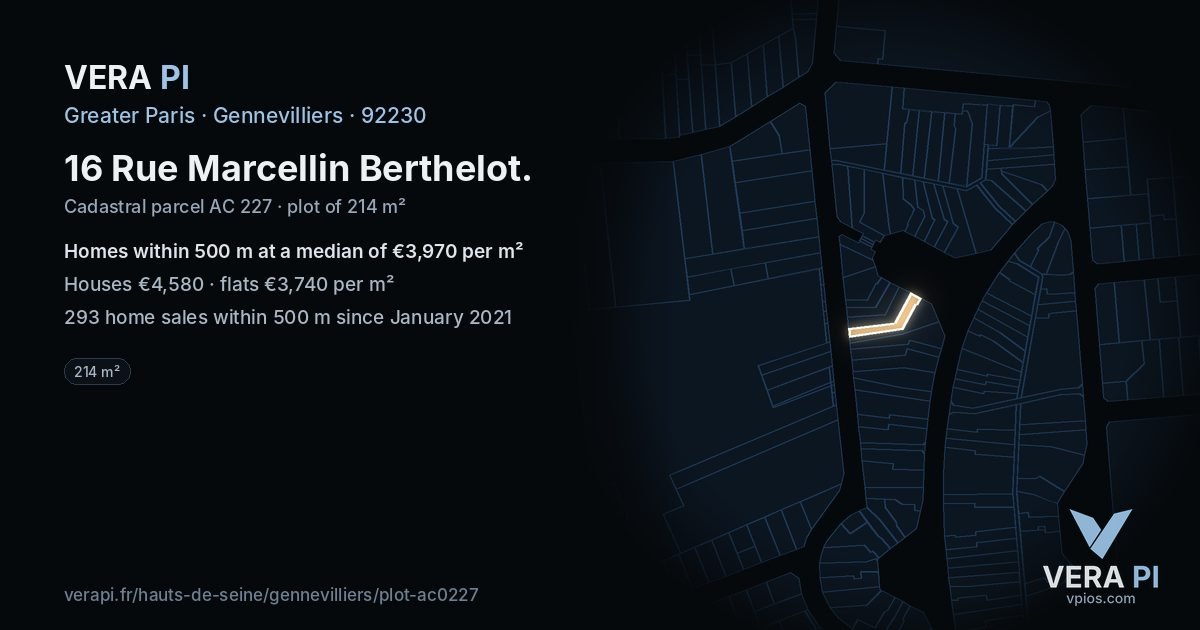 16 Rue Marcellin Berthelot, Gennevilliers at night – the plot lit, the parcels around coloured by the prices near them