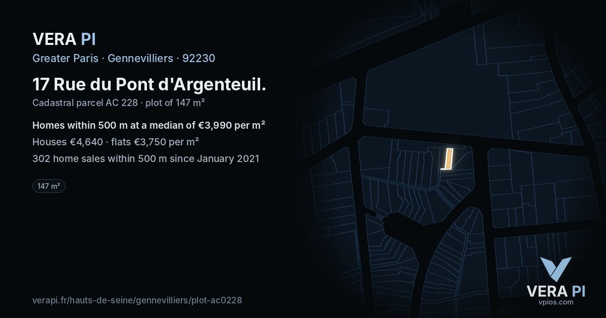 17 Rue du Pont d'Argenteuil, Gennevilliers at night – the plot lit, the parcels around coloured by the prices near them