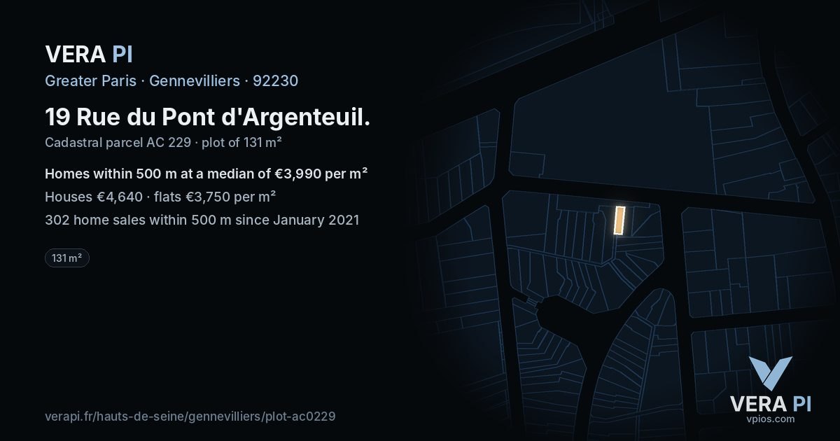 19 Rue du Pont d'Argenteuil, Gennevilliers at night – the plot lit, the parcels around coloured by the prices near them