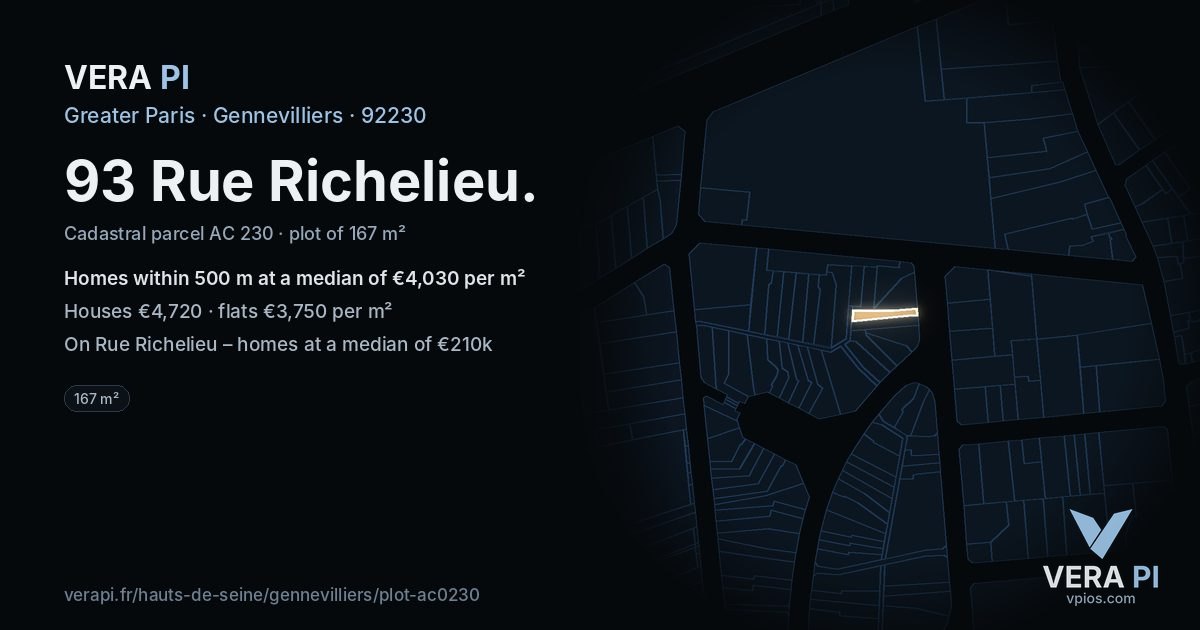 93 Rue Richelieu, Gennevilliers at night – the plot lit, the parcels around coloured by the prices near them