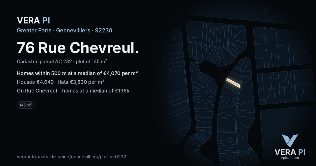 76 Rue Chevreul, Gennevilliers at night – the plot lit, the parcels around coloured by the prices near them