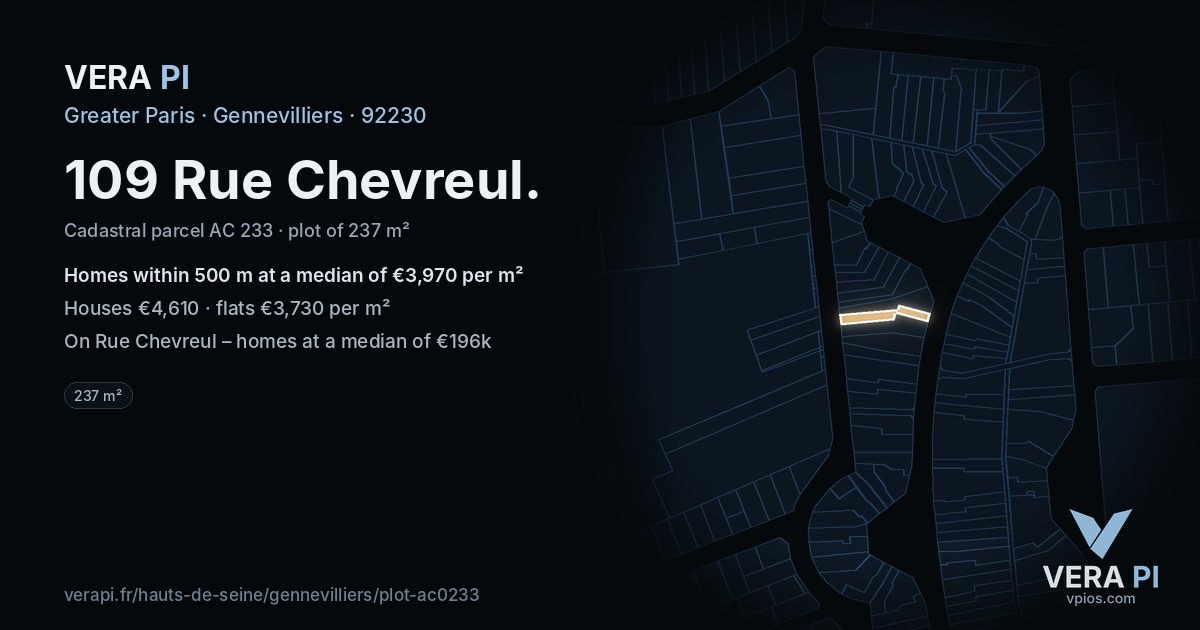 109 Rue Chevreul, Gennevilliers at night – the plot lit, the parcels around coloured by the prices near them