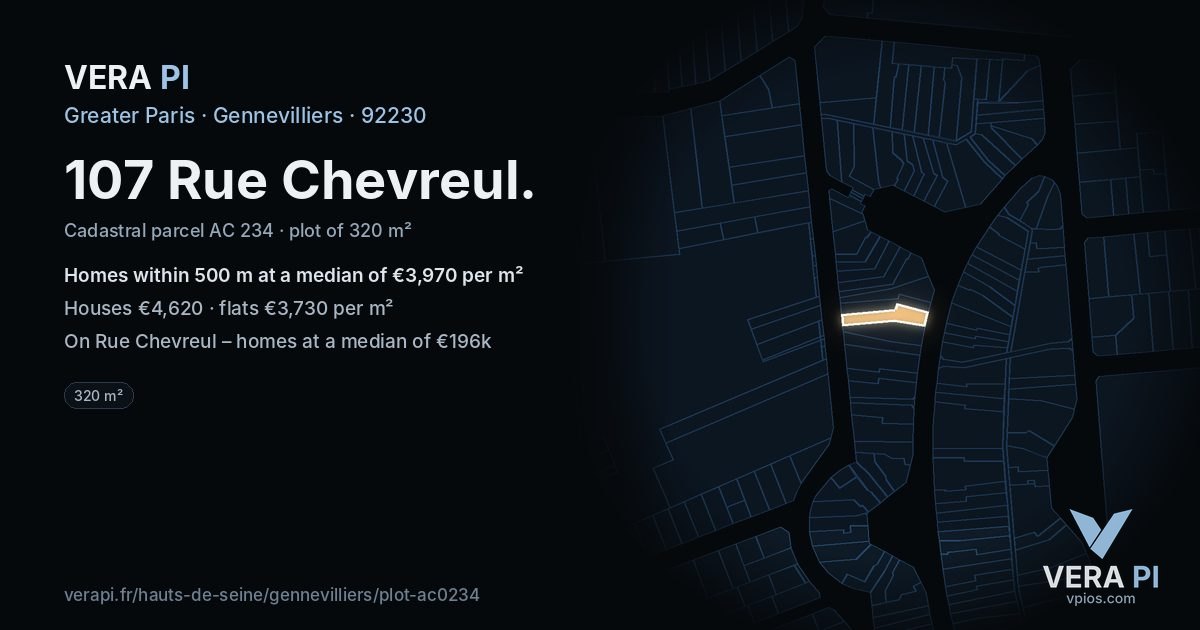107 Rue Chevreul, Gennevilliers at night – the plot lit, the parcels around coloured by the prices near them