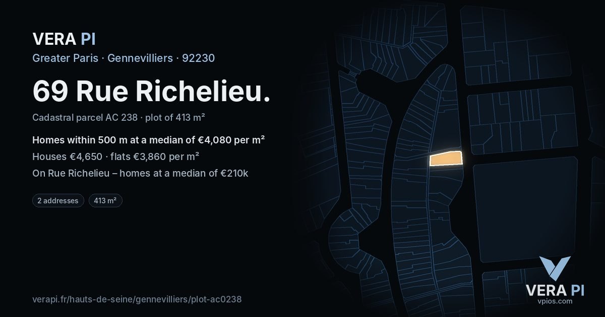 69 Rue Richelieu, Gennevilliers at night – the plot lit, the parcels around coloured by the prices near them