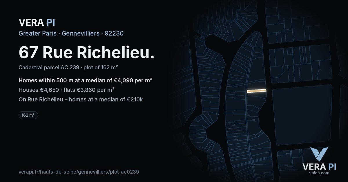 67 Rue Richelieu, Gennevilliers at night – the plot lit, the parcels around coloured by the prices near them