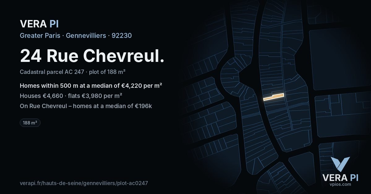 24 Rue Chevreul, Gennevilliers at night – the plot lit, the parcels around coloured by the prices near them