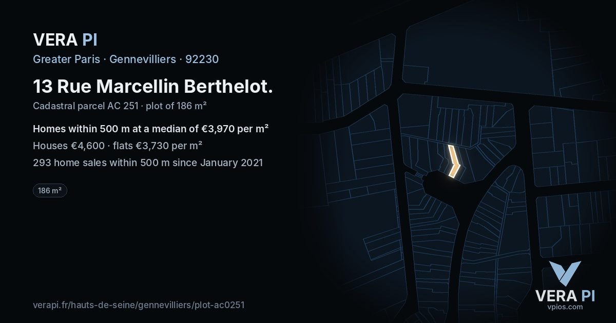 13 Rue Marcellin Berthelot, Gennevilliers at night – the plot lit, the parcels around coloured by the prices near them