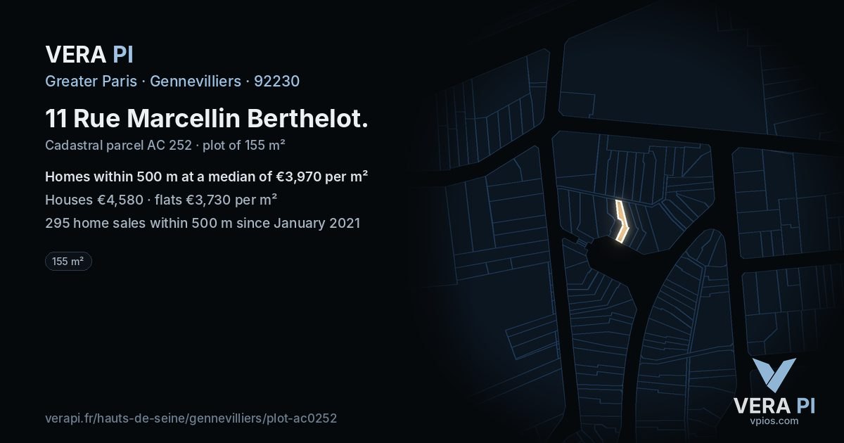 11 Rue Marcellin Berthelot, Gennevilliers at night – the plot lit, the parcels around coloured by the prices near them