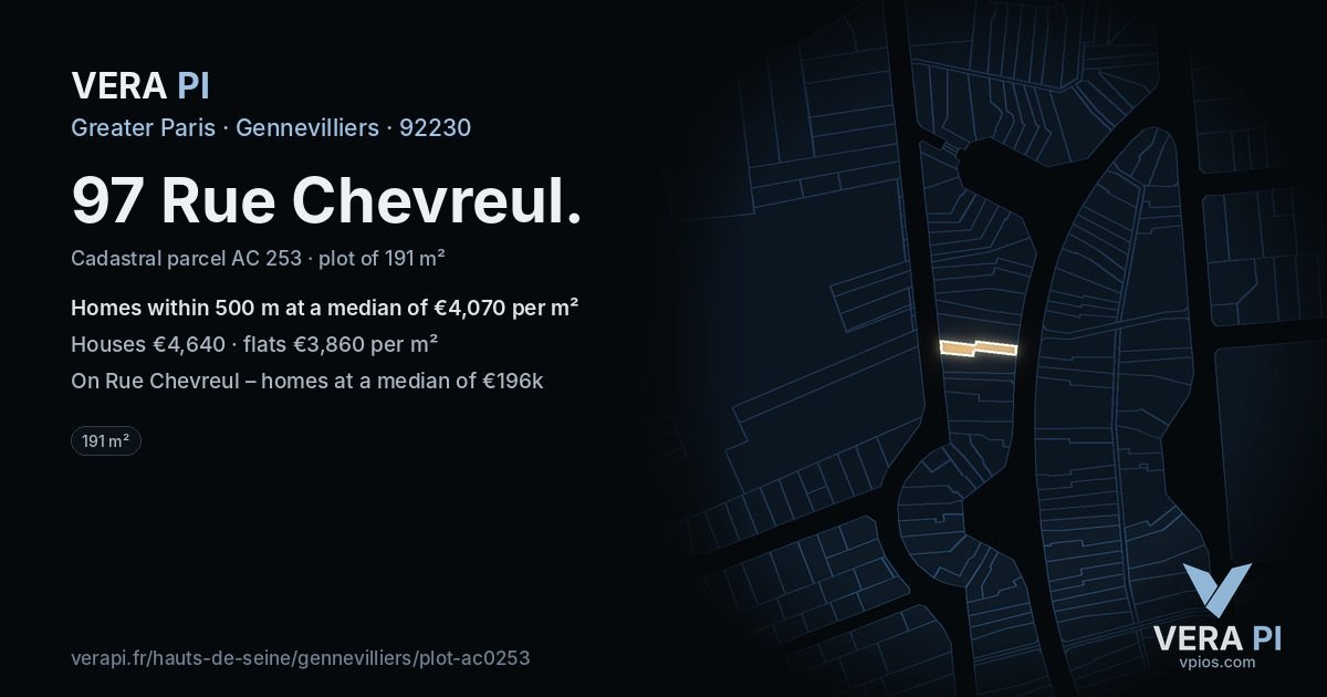 97 Rue Chevreul, Gennevilliers at night – the plot lit, the parcels around coloured by the prices near them