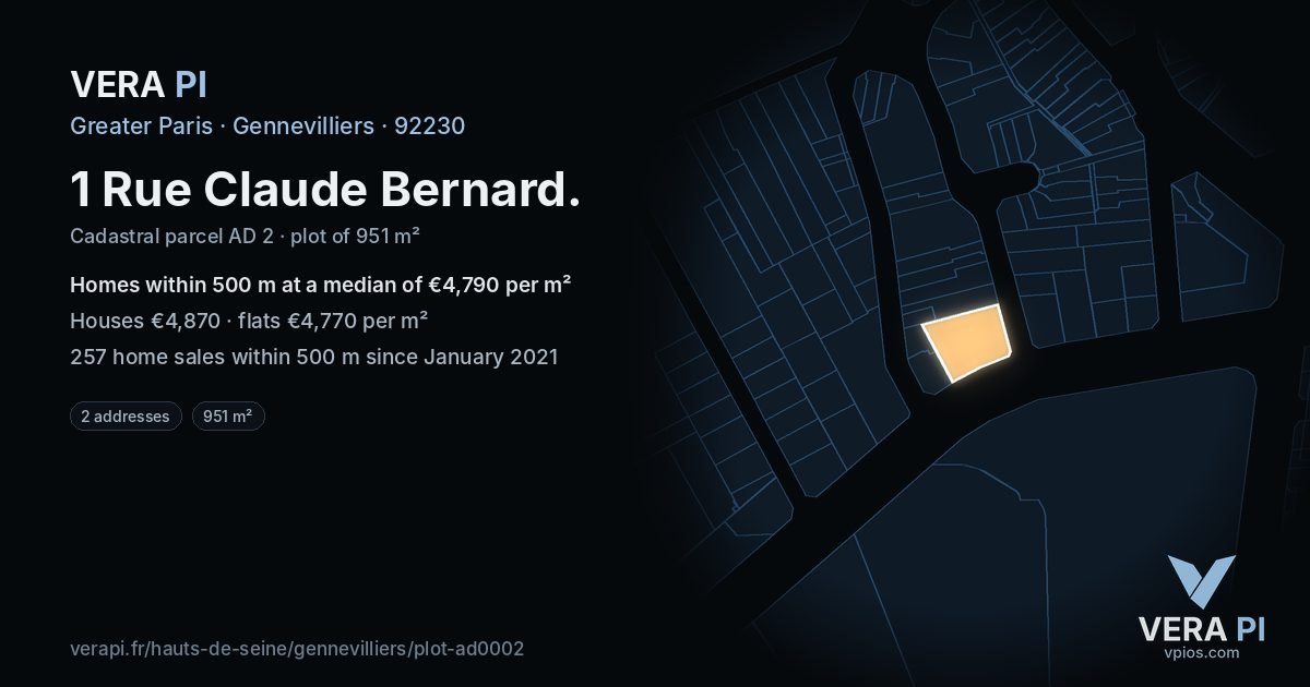 1 Rue Claude Bernard, Gennevilliers at night – the plot lit, the parcels around coloured by the prices near them