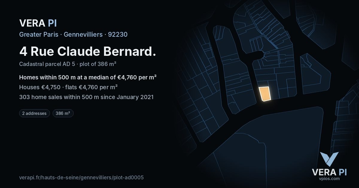 4 Rue Claude Bernard, Gennevilliers at night – the plot lit, the parcels around coloured by the prices near them