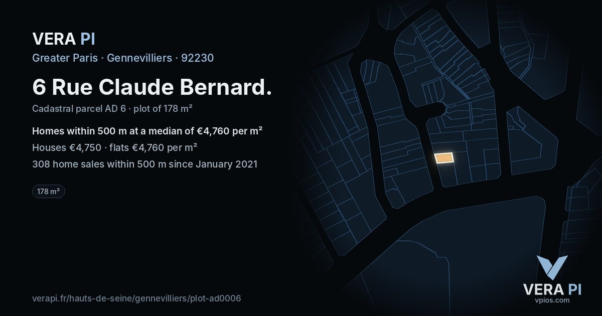 6 Rue Claude Bernard, Gennevilliers at night – the plot lit, the parcels around coloured by the prices near them