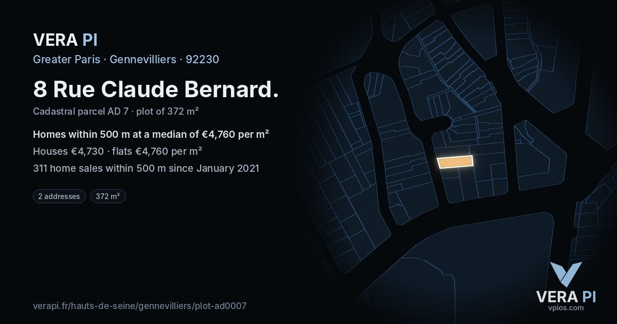 8 Rue Claude Bernard, Gennevilliers at night – the plot lit, the parcels around coloured by the prices near them