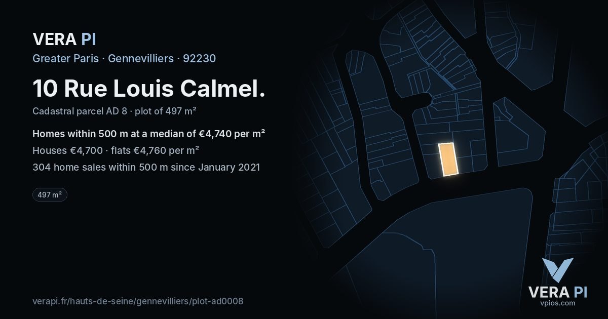 10 Rue Louis Calmel, Gennevilliers at night – the plot lit, the parcels around coloured by the prices near them