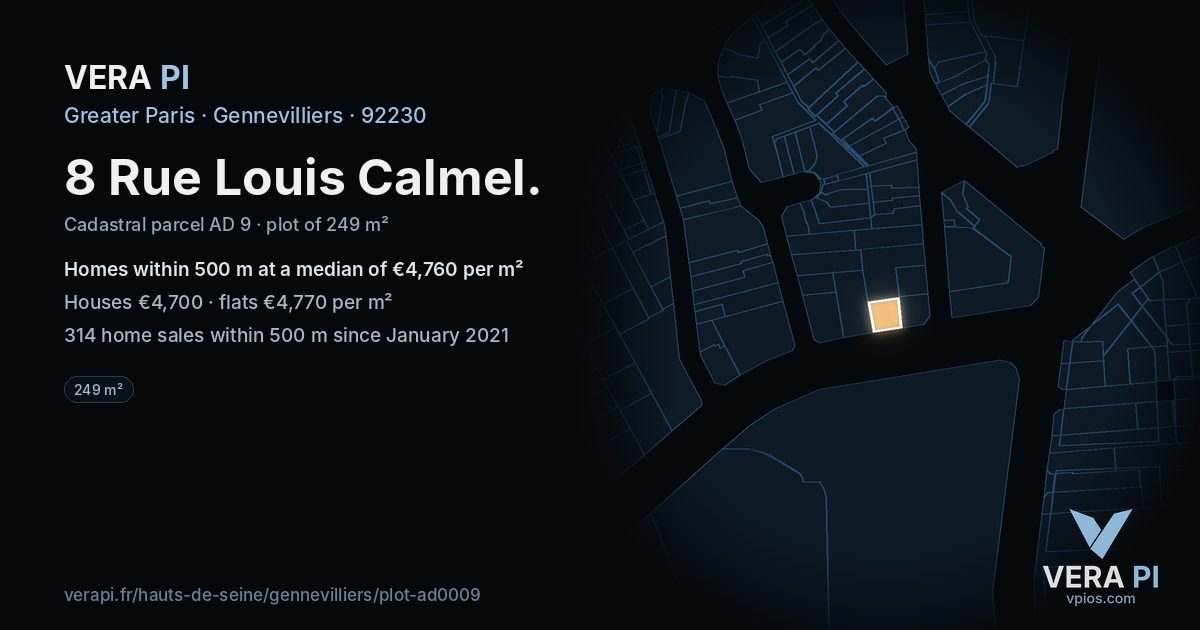 8 Rue Louis Calmel, Gennevilliers at night – the plot lit, the parcels around coloured by the prices near them