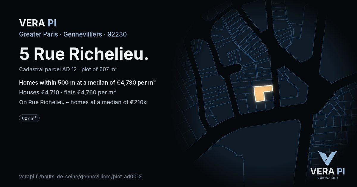 5 Rue Richelieu, Gennevilliers at night – the plot lit, the parcels around coloured by the prices near them