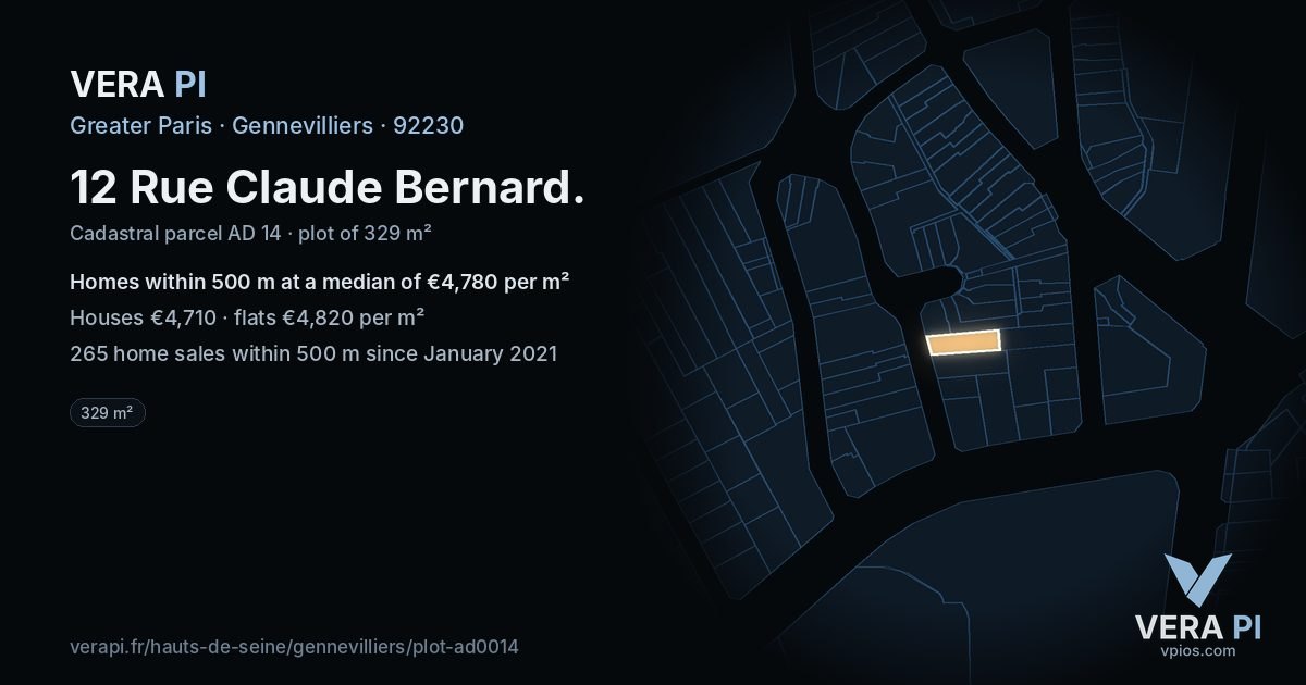 12 Rue Claude Bernard, Gennevilliers at night – the plot lit, the parcels around coloured by the prices near them