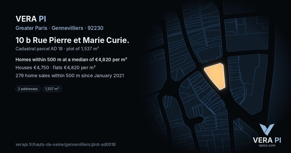10 b Rue Pierre et Marie Curie, Gennevilliers at night – the plot lit, the parcels around coloured by the prices near them