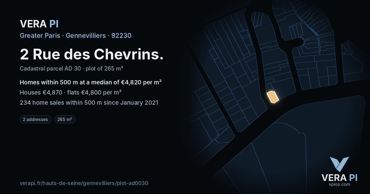 2 Rue des Chevrins, Gennevilliers at night – the plot lit, the parcels around coloured by the prices near them