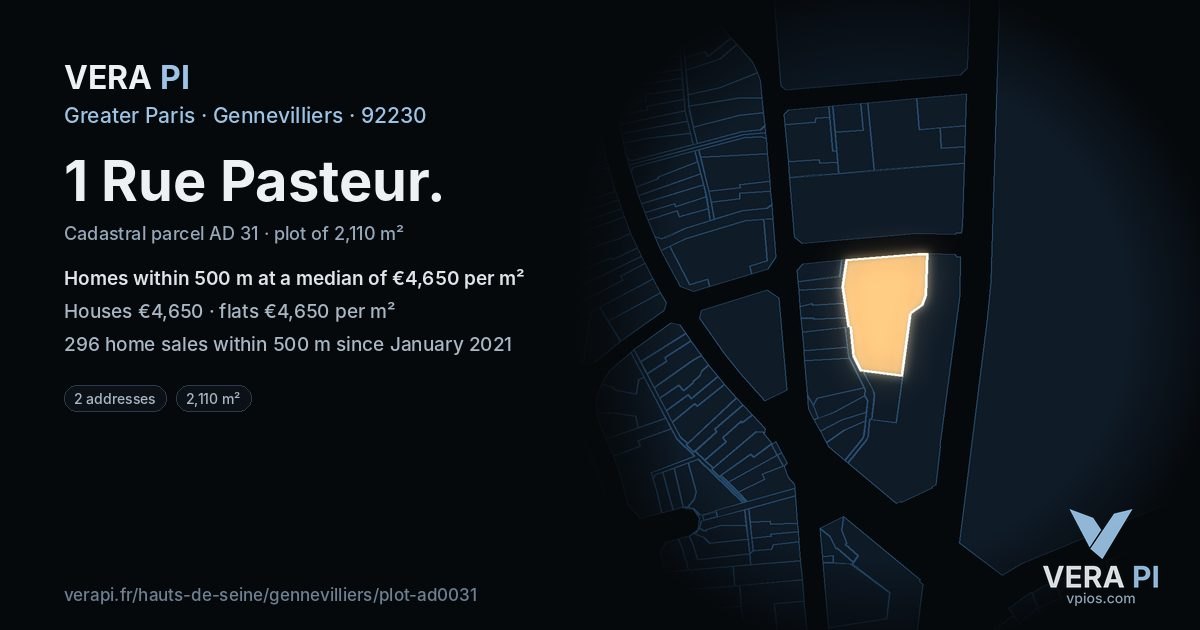 1 Rue Pasteur, Gennevilliers at night – the plot lit, the parcels around coloured by the prices near them
