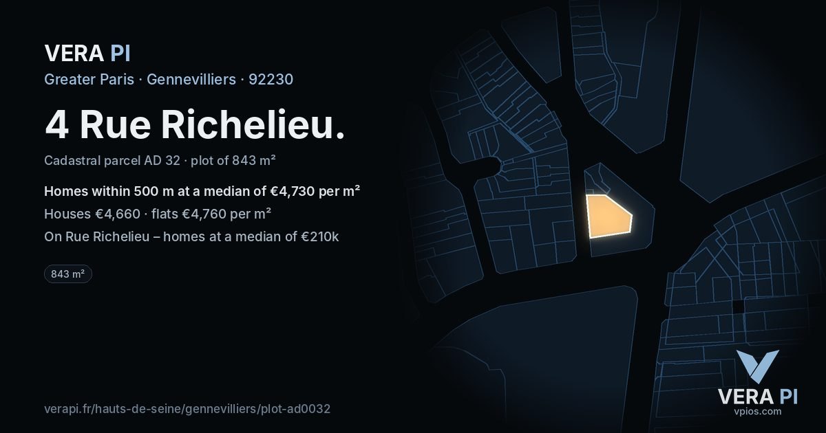 4 Rue Richelieu, Gennevilliers at night – the plot lit, the parcels around coloured by the prices near them