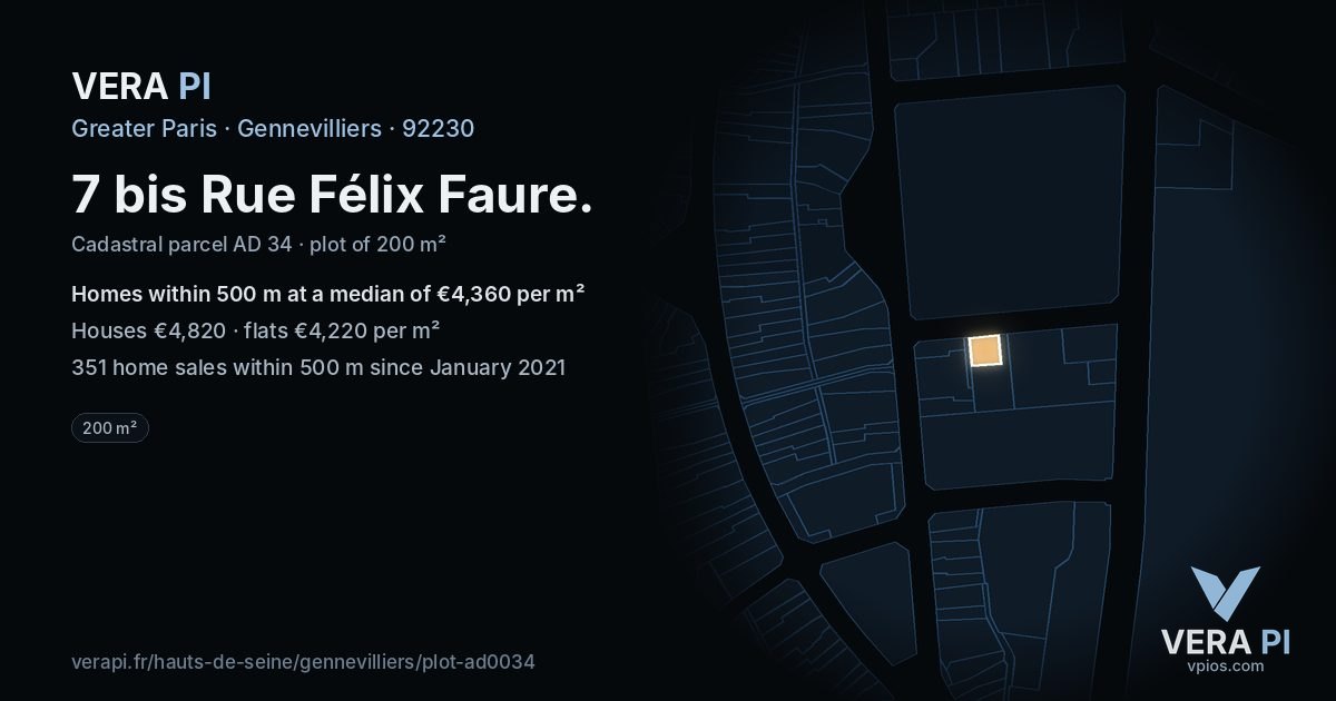 7 bis Rue Félix Faure, Gennevilliers at night – the plot lit, the parcels around coloured by the prices near them