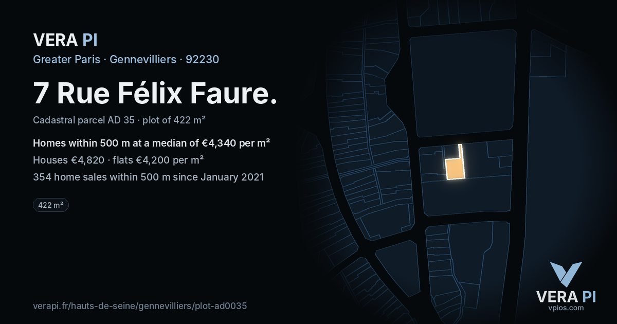 7 Rue Félix Faure, Gennevilliers at night – the plot lit, the parcels around coloured by the prices near them