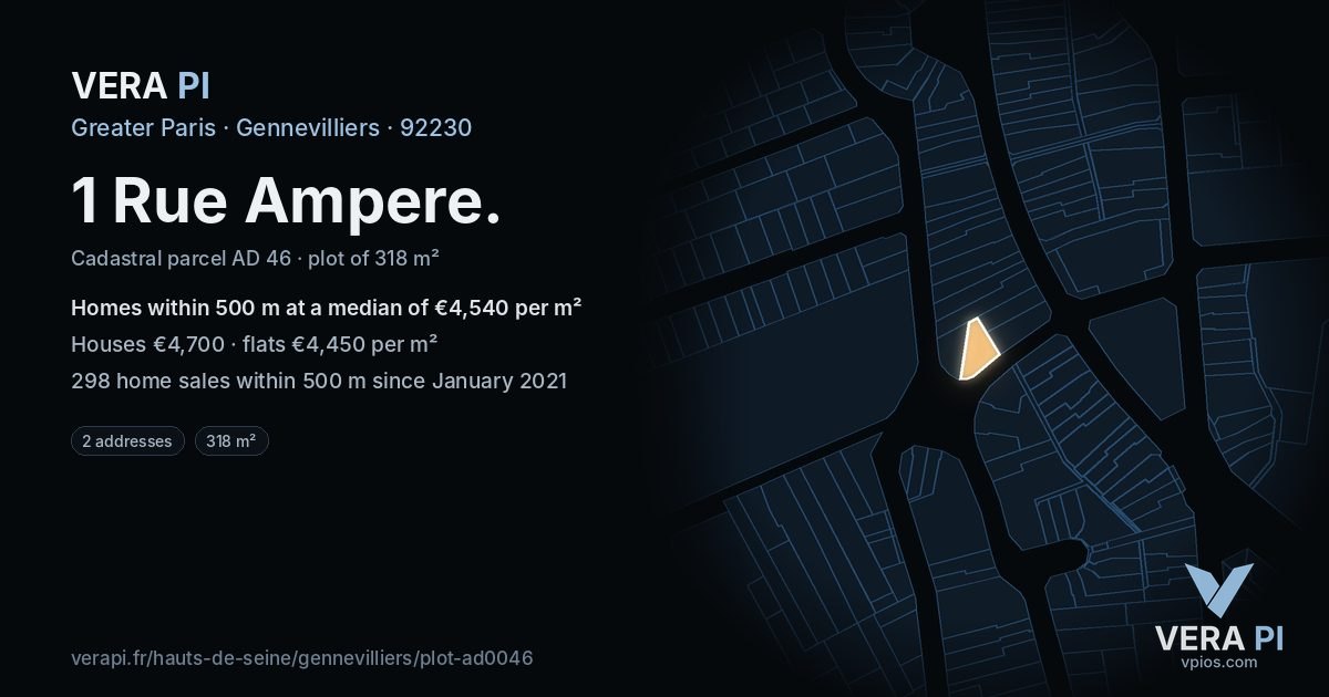 1 Rue Ampere, Gennevilliers at night – the plot lit, the parcels around coloured by the prices near them