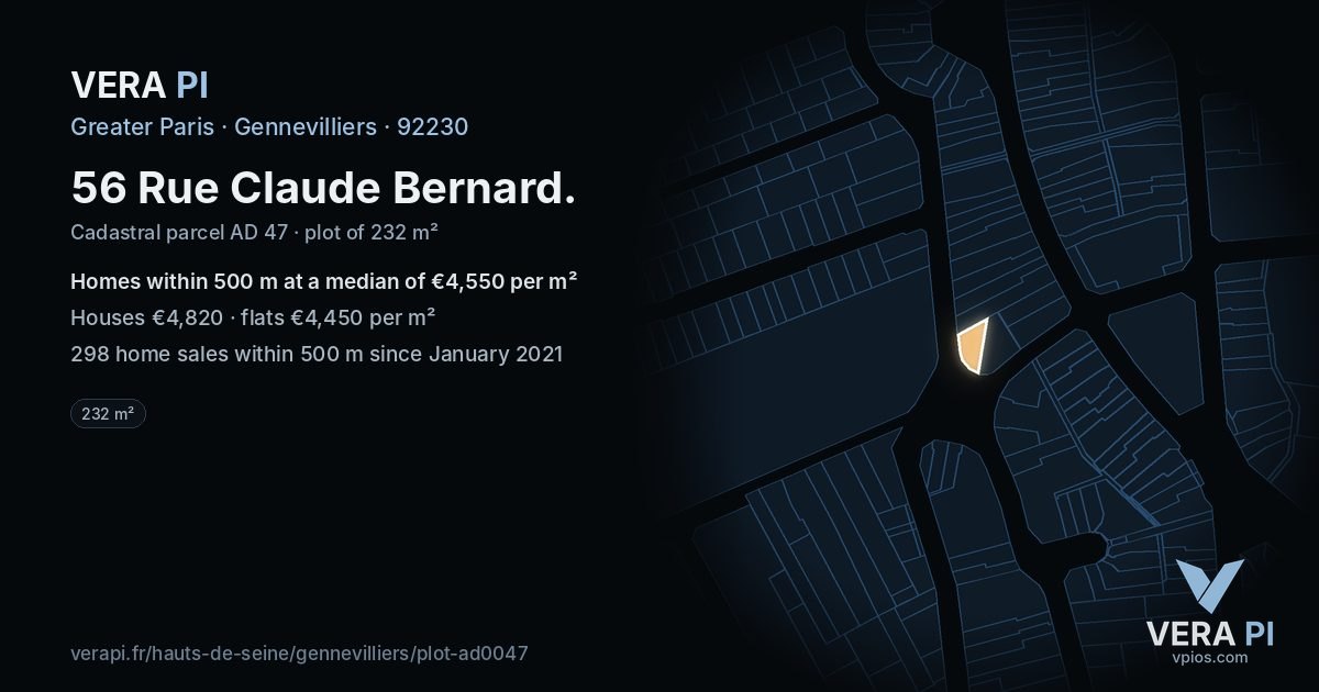 56 Rue Claude Bernard, Gennevilliers at night – the plot lit, the parcels around coloured by the prices near them