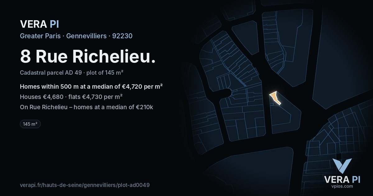 8 Rue Richelieu, Gennevilliers at night – the plot lit, the parcels around coloured by the prices near them