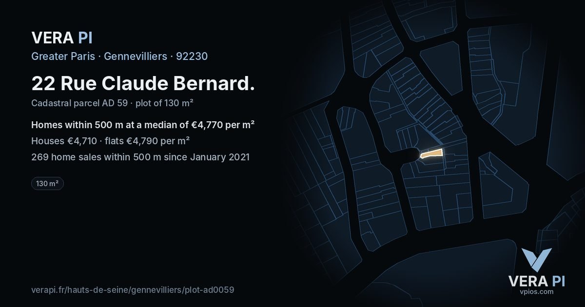 22 Rue Claude Bernard, Gennevilliers at night – the plot lit, the parcels around coloured by the prices near them
