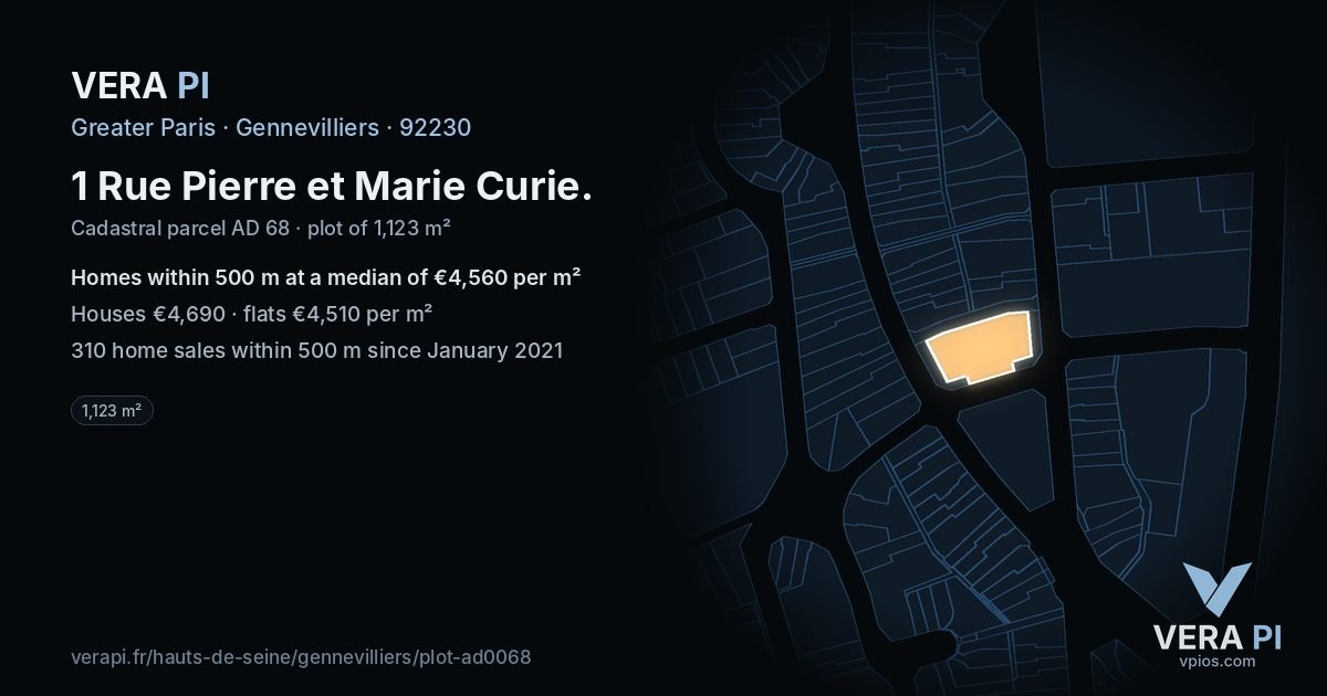 1 Rue Pierre et Marie Curie, Gennevilliers at night – the plot lit, the parcels around coloured by the prices near them