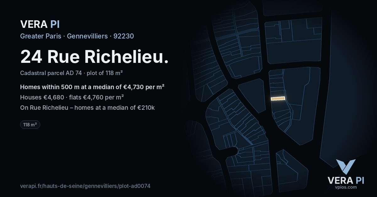 24 Rue Richelieu, Gennevilliers at night – the plot lit, the parcels around coloured by the prices near them