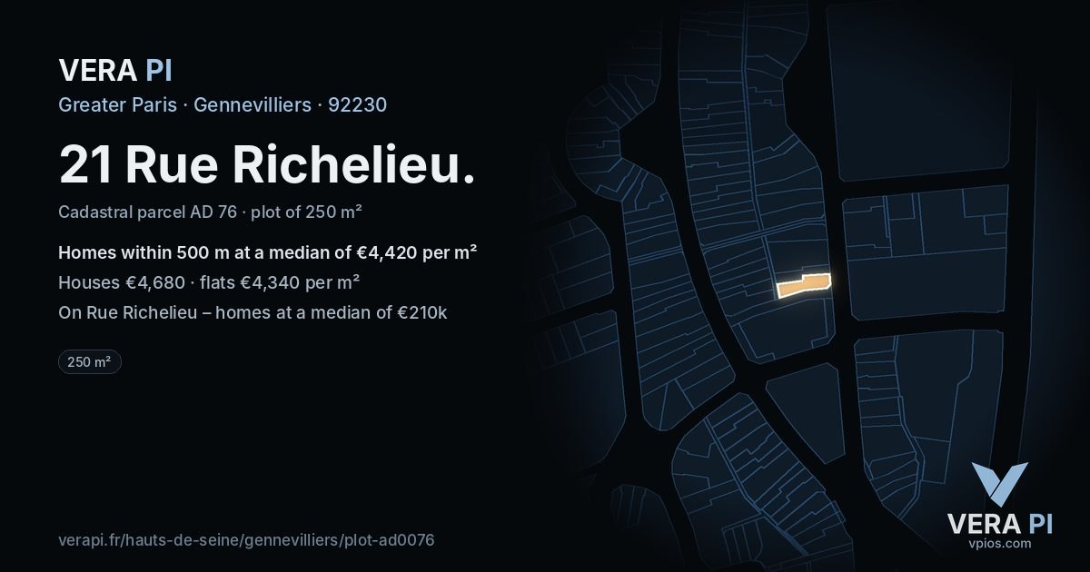 21 Rue Richelieu, Gennevilliers at night – the plot lit, the parcels around coloured by the prices near them