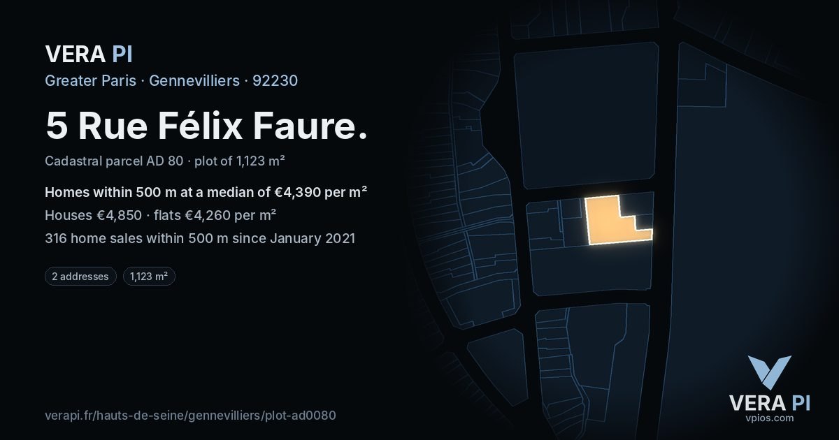 5 Rue Félix Faure, Gennevilliers at night – the plot lit, the parcels around coloured by the prices near them