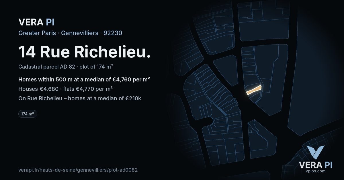 14 Rue Richelieu, Gennevilliers at night – the plot lit, the parcels around coloured by the prices near them