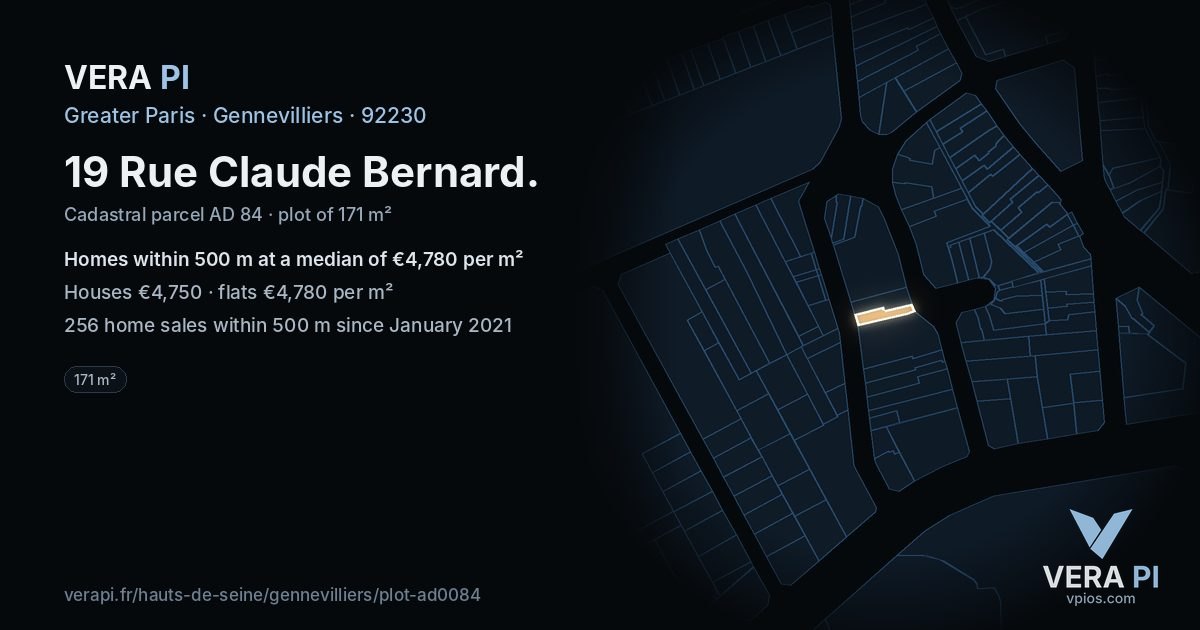 19 Rue Claude Bernard, Gennevilliers at night – the plot lit, the parcels around coloured by the prices near them