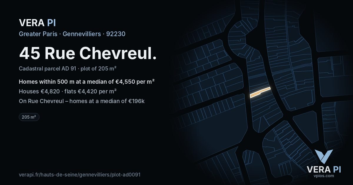 45 Rue Chevreul, Gennevilliers at night – the plot lit, the parcels around coloured by the prices near them