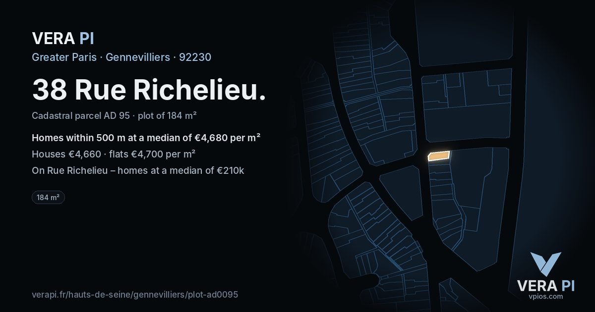 38 Rue Richelieu, Gennevilliers at night – the plot lit, the parcels around coloured by the prices near them