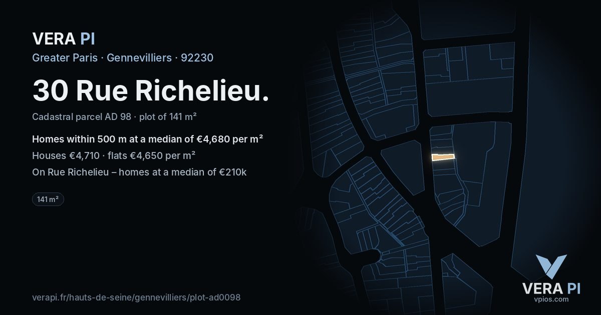 30 Rue Richelieu, Gennevilliers at night – the plot lit, the parcels around coloured by the prices near them