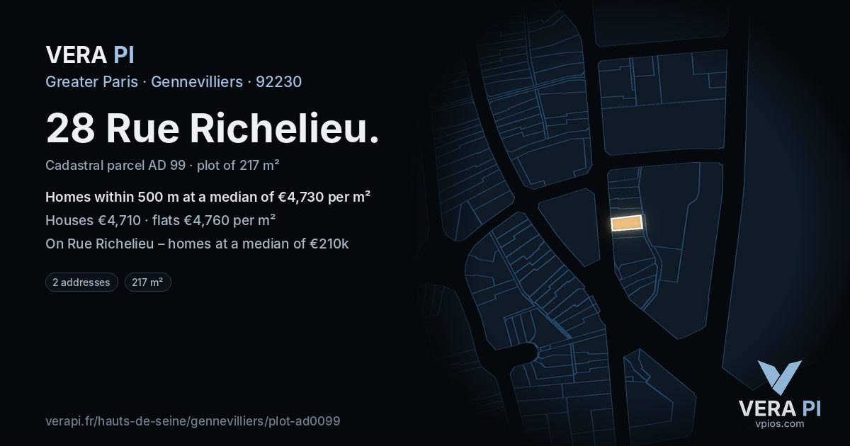 28 Rue Richelieu, Gennevilliers at night – the plot lit, the parcels around coloured by the prices near them
