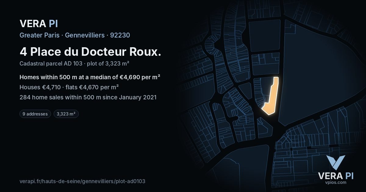 4 Place du Docteur Roux, Gennevilliers at night – the plot lit, the parcels around coloured by the prices near them