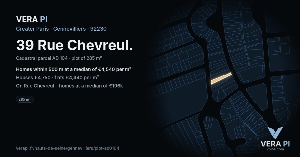 39 Rue Chevreul, Gennevilliers at night – the plot lit, the parcels around coloured by the prices near them