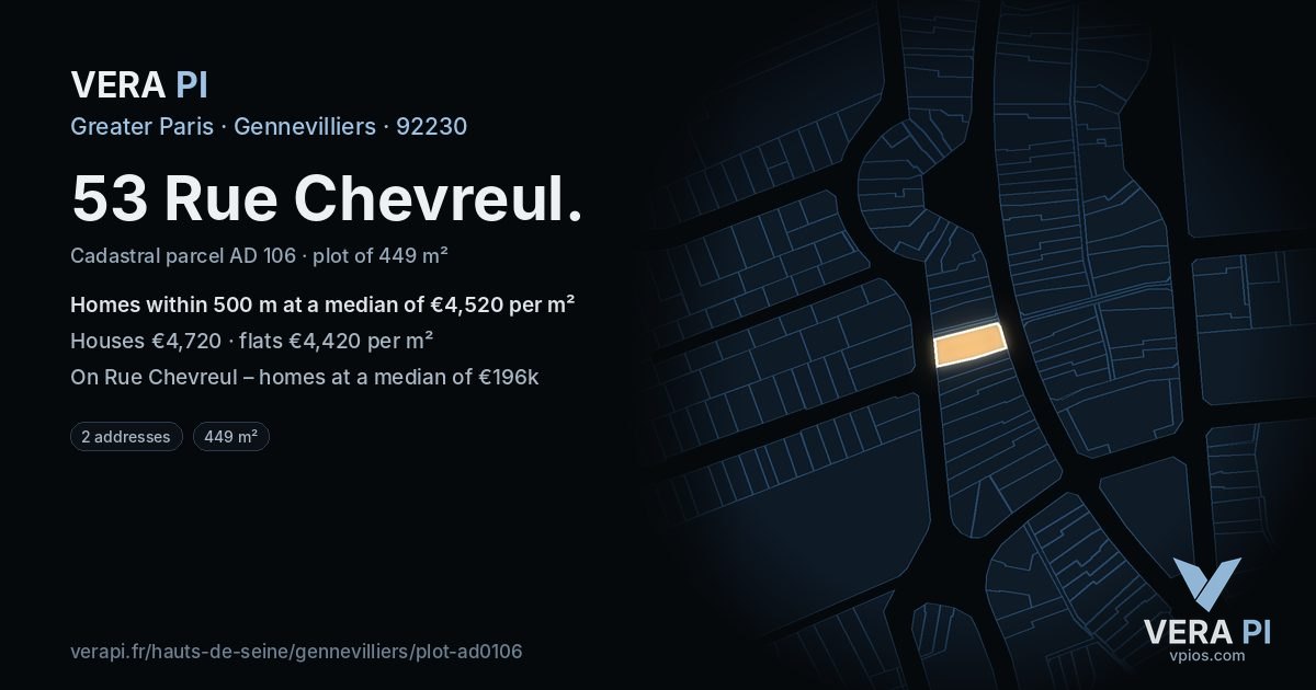 53 Rue Chevreul, Gennevilliers at night – the plot lit, the parcels around coloured by the prices near them
