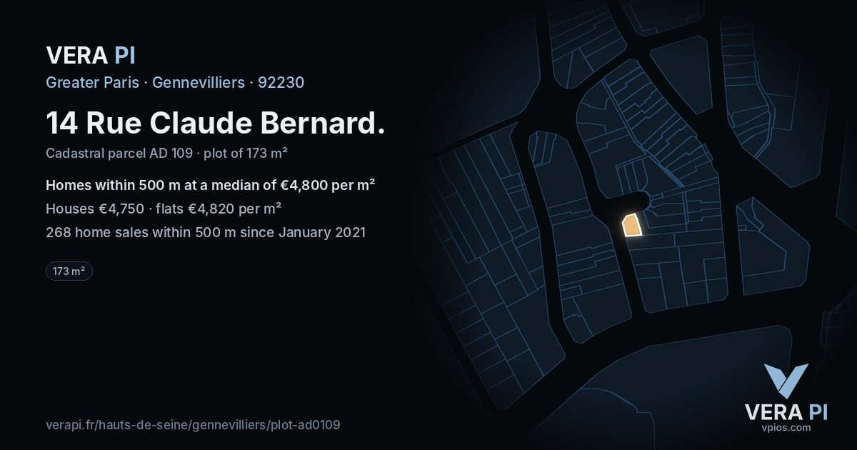 14 Rue Claude Bernard, Gennevilliers at night – the plot lit, the parcels around coloured by the prices near them